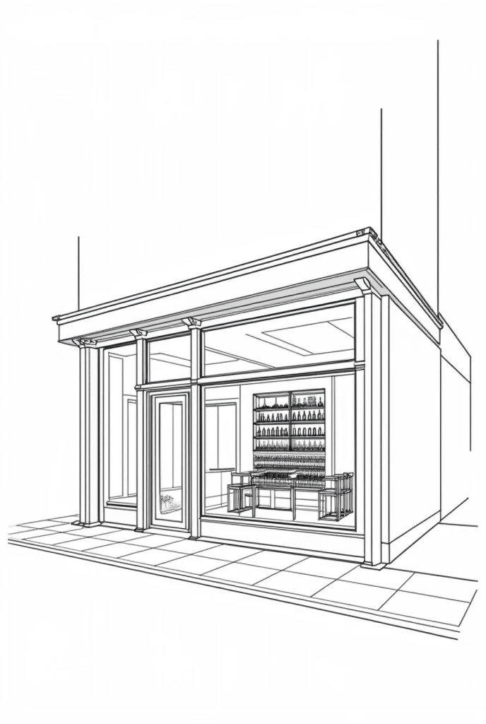Line drawing of a small steak and bbq shop in a minimalist style with a wine display cabinet.