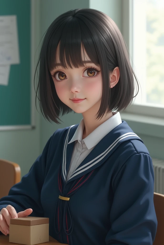 Highest quality, Soft Light, Ultra-high resolution, (Realistic:1.4), RAW Photos, Of Japanese, alone, cute, (A shy smile:0.5), (Brown eyes, Light in your eyes), Beautiful face in every detail, (Small box),(High resolution detail of human skin texture), (Short Bob Hair), In the classroom,Navy uniform, Best, skirt、Huge breasts、Small waist、sexy、