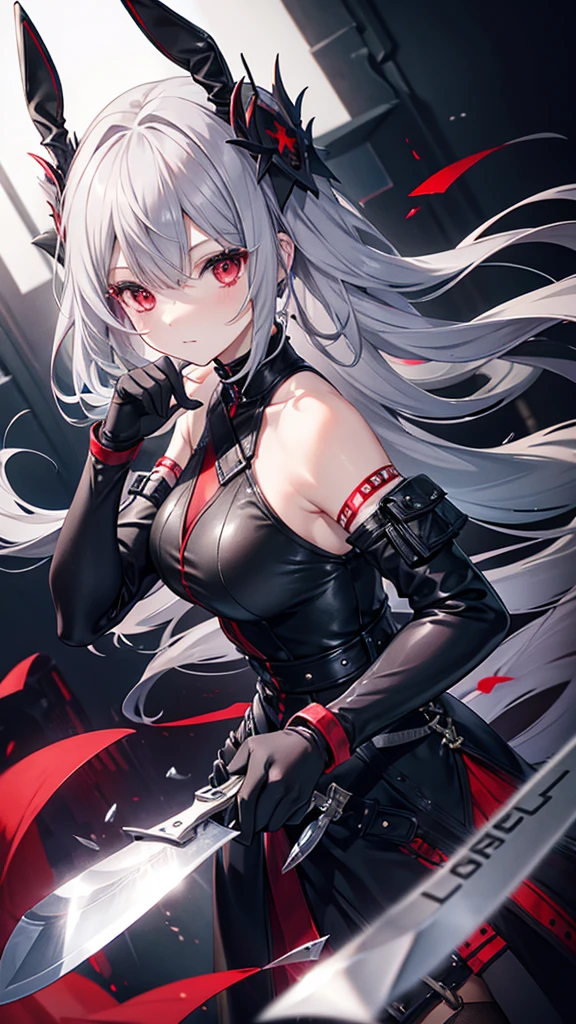 Lady、Gray Hair、Red Eye、Reverse Bunny、leather、solo, Large knives、only wrist、Reverse handholding、Missing arm