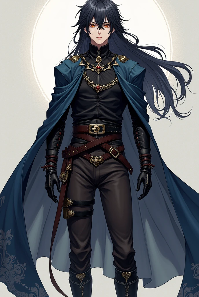 Create an image of a 28 year old anime style male character in a robe, has long black hair, the iris of your eyes is orange, and his clothes are a cloak, black long sleeve blouse with leather pieces on the forearms, dark brown leather pants, black medieval leather boots, and wears black leather gloves