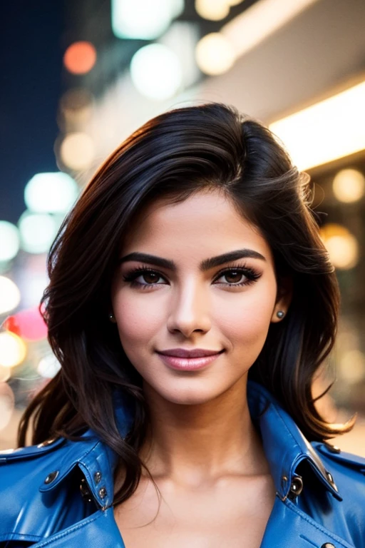 Best quality, realistic, from the front in first person, on the street, (a female mexican Supermodel), (A sexy blue leather trench coat:1.1), split, seductive smile, (dark hair), (hairstyle:1.0), Perfect eyes, sharp parts, detailed face, face-makeup, cheeks turn red, Eyeliner, eyeshadow, lip gloss, Supermodel, (Deep Focus), (hard lighting), (Night time), (realistic lighting:1.0)