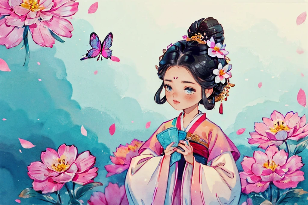 1 Sister, Alone, looking at viewert, face flushed, Background with, black hair color hair, hair adornments, longer sleeves, white backgrounid, Eternal, Full body lesbian, in pink, Hanfu, flowers blooming, hairflower, hair-bun, butterflys, tmasterpiece, recent quality, The finest details, Clear facial features, beautidful eyes