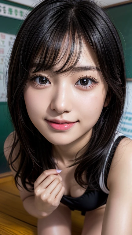 High resolution, Super detailed, Realistic, 1 beautiful Japan schoolgirl, Highly detailed beautiful face, Straight hair, Short Tail、Black Hair, Beautiful feet, A light smile, Swimwear, classroom