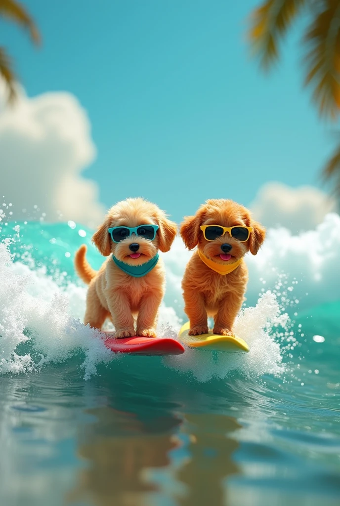 best quality, photo accuracy, two labradoodles, one with light golden fur and turquoise blue collar, the second with apricot fur and yellow collar, They were very small and could fit on a fingertip, both surfing with sunglasses.