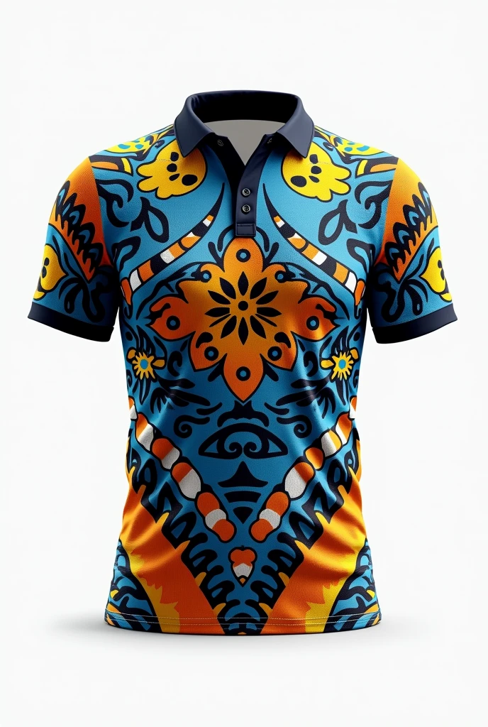 Create rugby jersey maori Samoa  tribe full  pattern blue yellow white  retro black  orange / black collar white background front and back design side by two side  clear design 