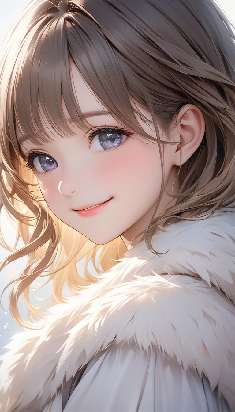 Cute beautiful woman, smile, shy, light makeup, great proportion, Gentle background color scheme, Soft, fluffy and calming effect, Shading Effects, Gradient Magic Effect, (Super detailed, The absolute solution, Highest quality:1.3), 2.5D, delicate and dynamic, Artistic photography, Ultra-realistic, Graphics CG Digital Art