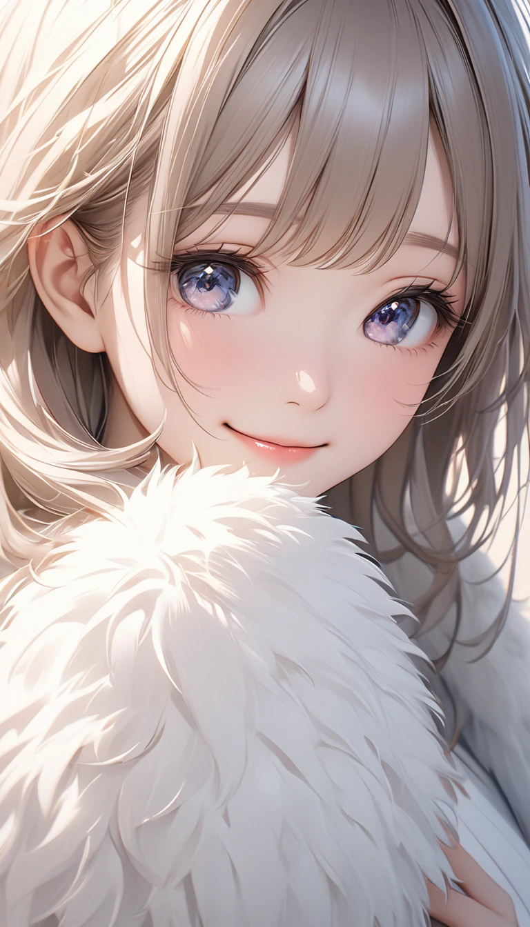 Cute beautiful woman, smile, shy, light makeup, great proportion, Gentle background color scheme, Soft, fluffy and calming effect, Shading Effects, Gradient Magic Effect, (Super detailed, The absolute solution, Highest quality:1.3), 2.5D, delicate and dynamic, Artistic photography, Ultra-realistic, Graphics CG Digital Art