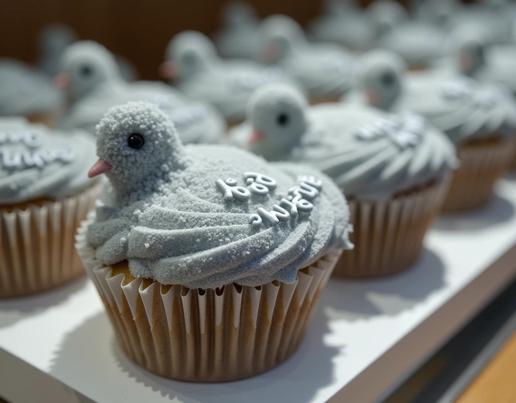 ((Highest quality)), ((masterpiece)), (detailed), A realistic grey dove-shaped cupcake,((「SORA ROID」Written)), There are many of them lined up in the showcase inside the store., front, from front, front view, photorealistic, realistic photo, from movie stills