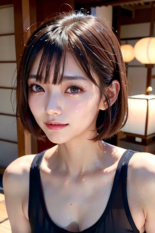 ((Japan women))、hightquality、Glossy glossy skin、((glistning skin))、Lush bust、((masterpiece、top-quality、ultra-detailliert、Film Light、intricate-detail、hight resolution、ighly detailed))、Short Hair、Chuckle Smile、Seductively Posing