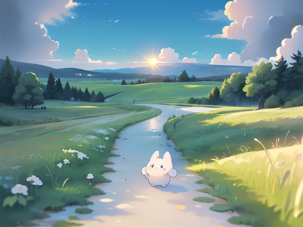 ((masterpiece)), ((Highest quality)), ((Realistic feel)), ((landscape:1.6)), ((A woolen path leading to the blue sky, Light color)), (Egg-sized angel, a small, fluffy Pokémon resembling a whimsicott, with a cloud-like body. It features large, bright eyes and white Marshmallow-like bunny ears, The overall color palette is soft with shades of white and Sky blue, ((lower body is covered by fluffy white clouds)), creating a whimsical, cute appearance. The background is a serene, nature-inspired setting, highlighting its playful and gentle personality), Pastel Color Spectrum,Tilt Up, Immersion, The sky is high, The sky is wide, The background is fresh green, Cool green shades, The sun shines, Different dimension space, Fractal Art, Scheimpflug, High Contrast, Highest quality, Highest Resolution, Ultra-detailed, Super beautiful graphics