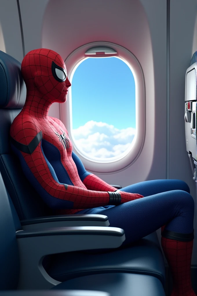 Create Spider-Man sitting in an airplane chair looking out the window