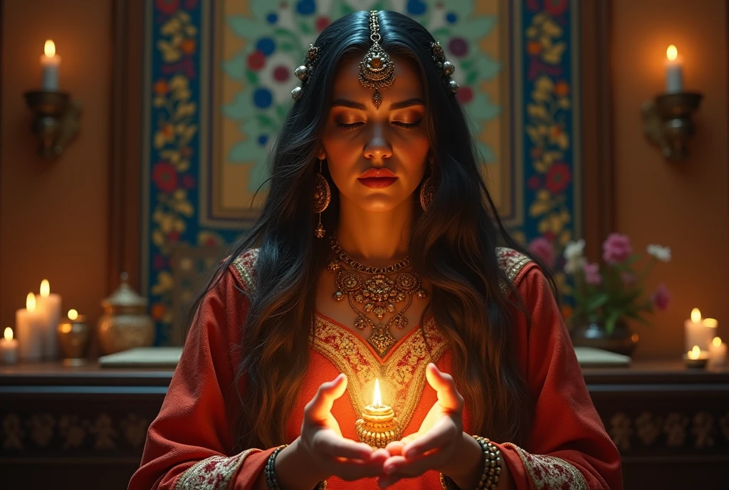 realisitic、high resolution、Real、Woman、50th Generation、femme、Spiritist medium、Shaman、mexican person、Beauthfull、ceremony、Pray、witch、visit to the sanctuary