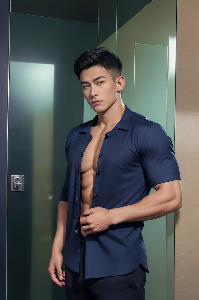 (armface:1.3) , Handsome young man standing, (have a mustache:0.8) , (short hair:1.2), The forearms are muscular., (เสื้อเชิ๊ตคอปกOpen the button:1.2), (Navy blue open chest shirt:1.5),black pants, Big muscles, Handsome and muscular, full body angle, (bathroom:1.1), Neon colors ,(Open the button:1.2),