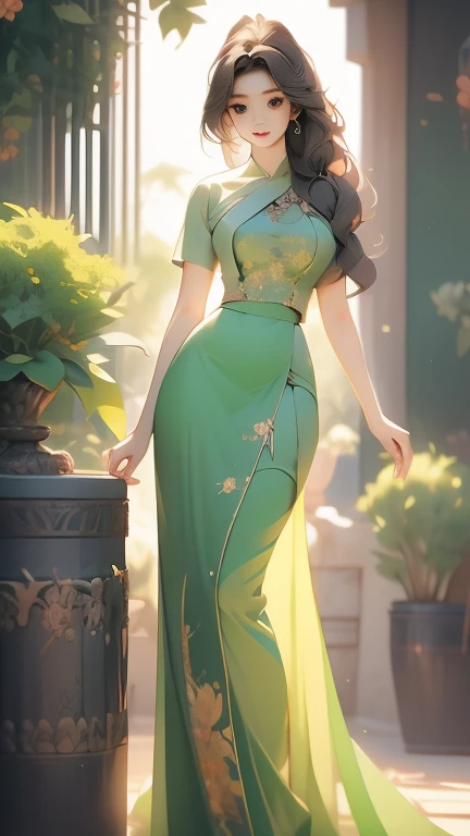 Burmese girl with attractive curvy full body. Friends full-length bikini, (green dress) reflective long dress painted with flower patterns, only dress. hi gh hips High resolution High resolution natural background High resolution HD 3D, 8K cartoon anime