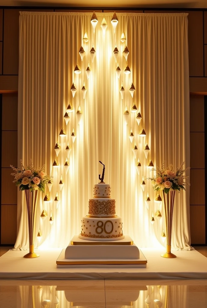 Wall decoration of a large event venue for an 80-year-old man&#39;s birthday in gold and white, including separate cones to hold the cupcakes and a saxophone cake, as well as having lights on the wall in the shape of a waterfall. 