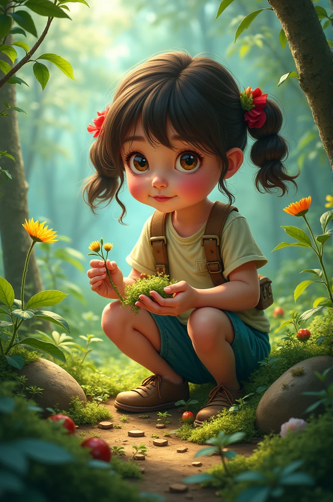 The girl takes samples from the forest