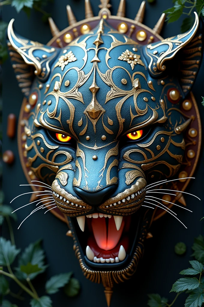 Create an intricate mask that combines several unique elements. The mask features the fierce growl of a jaguar, integrated with glowing bioluminescent tribal patterns that glow in the dark. Mechanical gears and cogs are subtly incorporated into the design, giving it a steampunk aesthetic. Nature themes are present with delicate vines and leaves weaving through the design, adding an organic touch. Gothic ornate filigree enhances the edges, creating an ancient and haunting look. The mask also includes cyberpunk LED lights and holographic displays, giving it a sleek and futuristic look. Additionally, celestial themes with stars and moon patterns are subtly embossed, depicting a cosmic influence. This mask is a perfect combination of primal, mystical, and technological elements.with a mandala