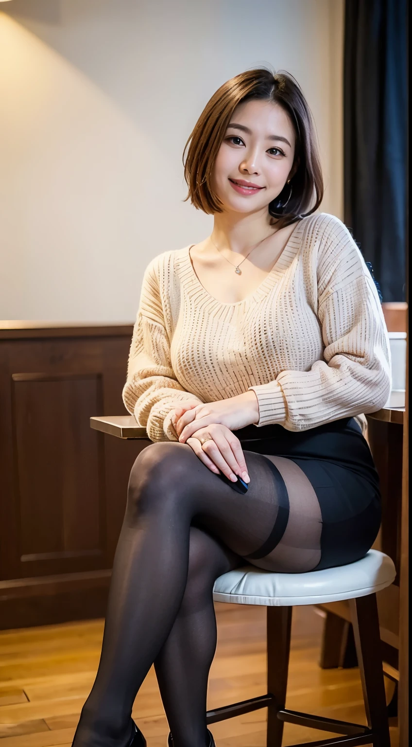(((masterpiece))), (((Highest quality: 1.4))), ((Super detailed: 1.4)) ,A naive 33-year-old wife、(Wearing a knitted dress)、(Ultra-realistic pantyhose:1.3)、Sitting on a chair at an open cafe、Height: 156cm, A little chubby、Japanese Model, Short Layered Hair、Of Japanese, Neat and clean Japan woman, Japanese Goddess, Innocence、RAW Photos, (In 8K、Highest quality、masterpiece:1.2)、(Intricate details:1.4)、(Photorealistic:1.4)、Octane Rendering、複雑な3DレンダリングのSuper detailed, Studio Soft Light, Rim Light, Vivid details, Super Detail, Realistic skin texture, Detailed aspect, Beautiful details in the eyes, Highly detailed CG Unity 16k wallpaper, compensate, (Detailed Background:1.2), Shiny skin、Bare thighs!!!、