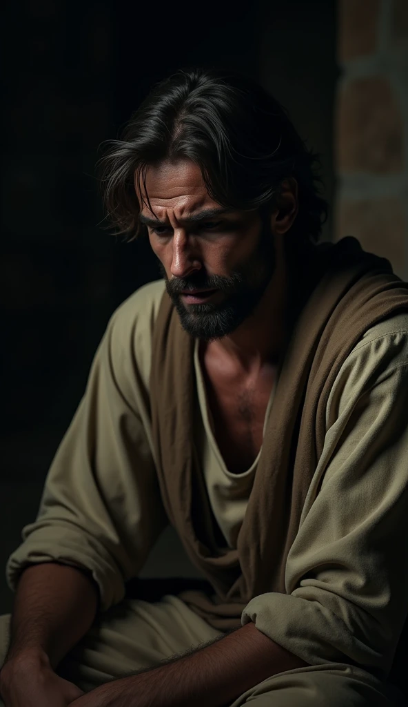 Ultra-realistic 8k Image, Show David with an expression of guilt or remorse, sitting alone in a dark environment, reflecting on the mistake he made.