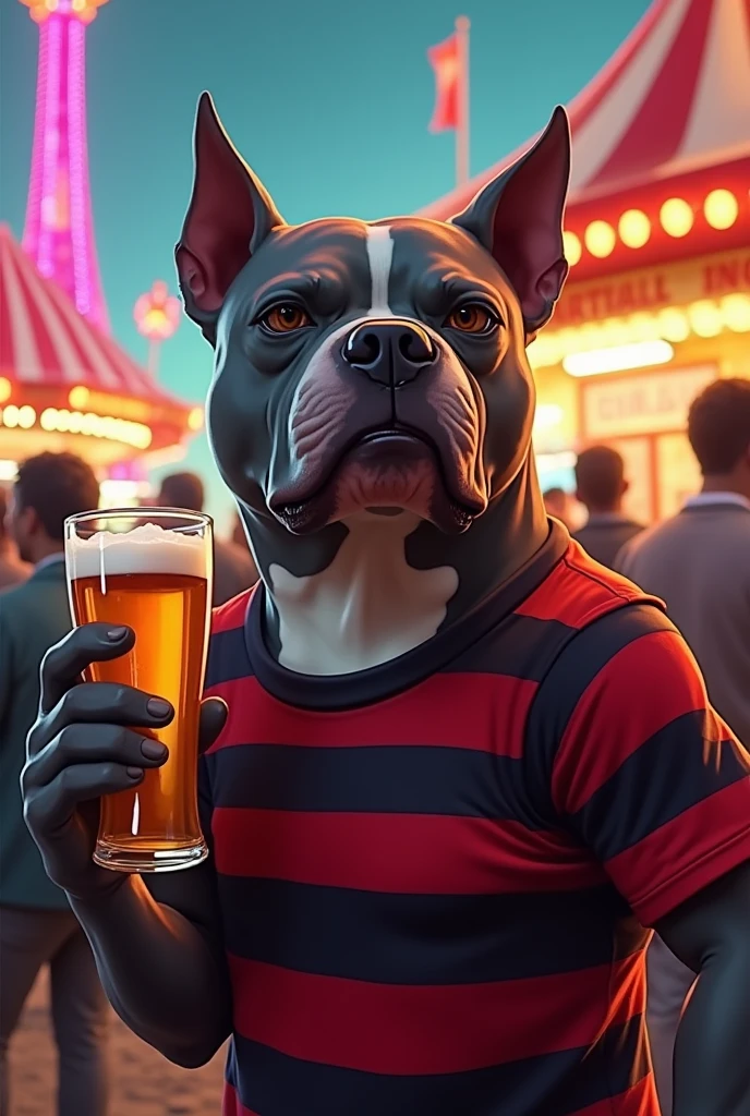 pitbull bad at carnival with red and black striped shirt holding glass of beer