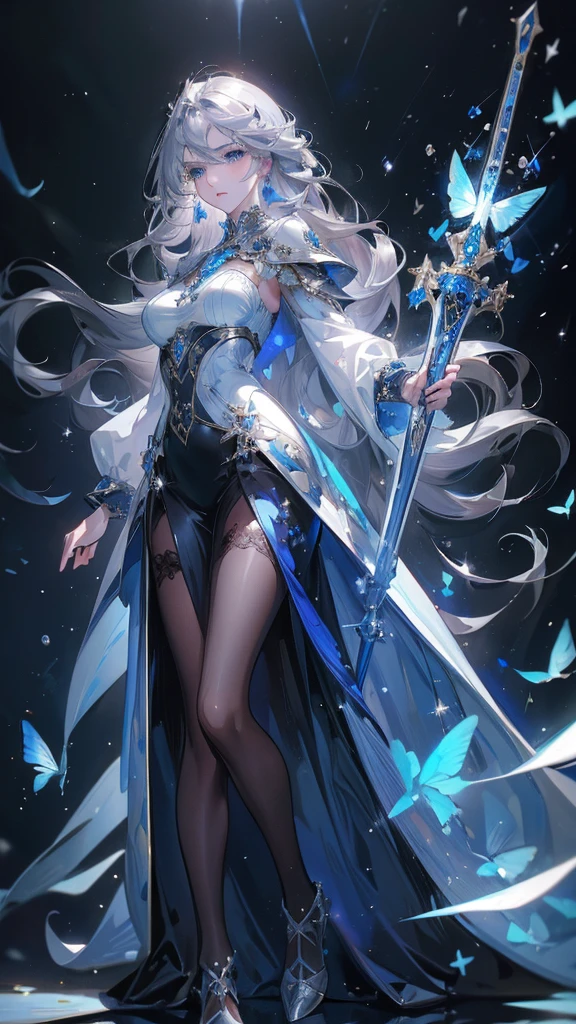 ((masterpiece, Highest quality)), Detailed face,Holy Knight,Character portrait,whole body,Perfect Body Proportions,Long legs,((Long Wavy Hair)), ,Beautiful Eyes,Fantasy Style,Black background,Very beautiful,,Expose,,Silver Hair,Blue Eyes,((Sparkling Eyes)),,Blue Gemstone Brooch,White and blue armor,,A blue butterfly dances in the night sky,Black Stockings,Gorgeous Long Sword