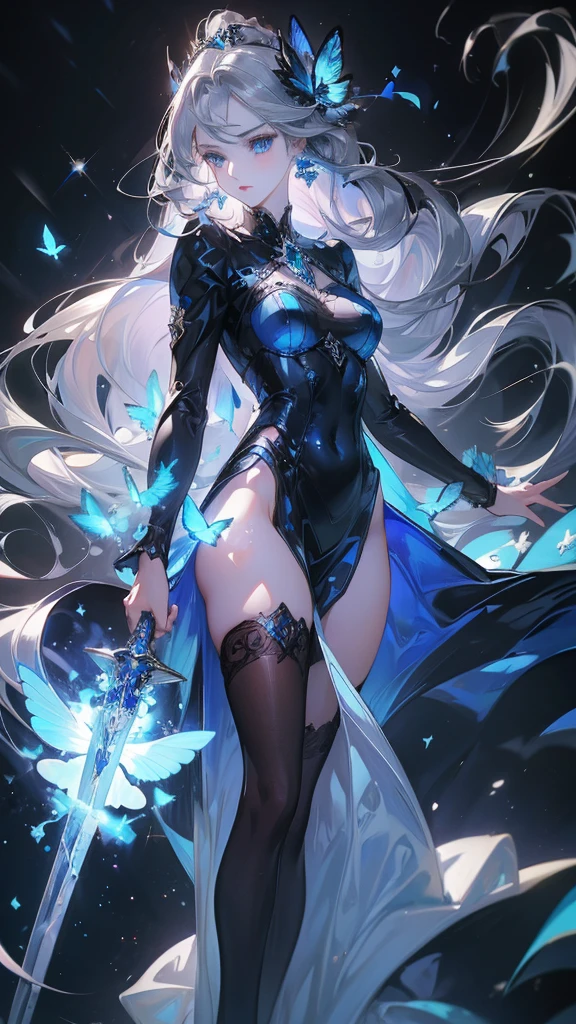 ((masterpiece:1.4,best quality)),(Super detailed),(Extremely detailed eyes),(Black leggings,Shiny socks:1.5),Hello Darkness
((Sexy Girl,Large Breasts,gully)),(Blood-red pupils,Diamond-shaped pupil:1.15),Purple Eyeshadow,(Elongated hair,Thick hair,shiny hair:1.5)(Variza:1.2),Fair skin,tilt head to one side,Kneel down
(She wears blue armor,Tight cheongsam,:1.5),Very long plush sleeves,White,White Cloud,Dream bubbles ,Ice and glitter effects
(Black long skirt:1.1),
(dawn:1.2),
(Intense black and white:1.16),(Depth of Field:1.4),,Intricate details,(Sky Castle,Standing on the lake,Purple flowers by the lake)