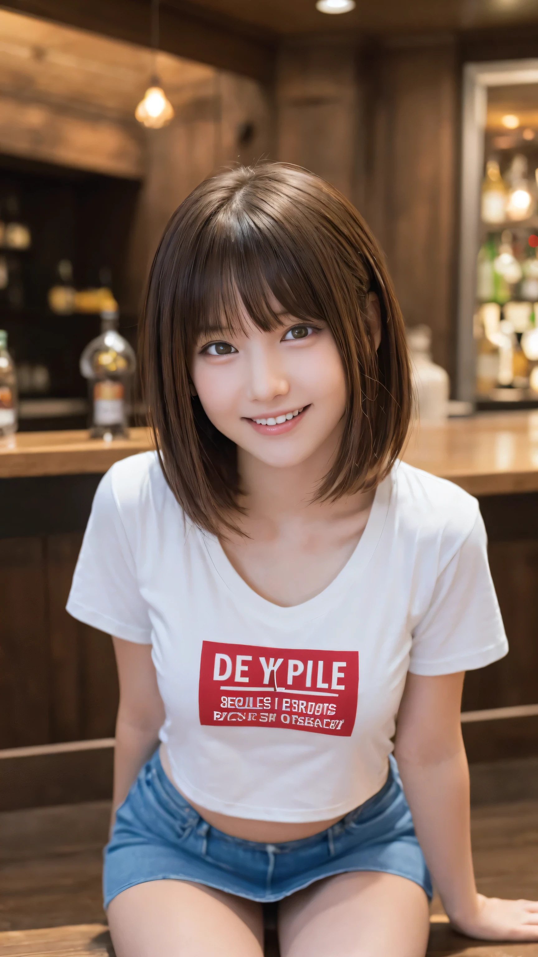 beautiful girl, One Girl, (Cropped logo T-shirt:1.3, mini skirt:1.3), (****:1.3), break, (Bar background:1.2), break, Shy laugh, Very beautiful eyes, (Symmetrical eyes:1.3), break, (D cup Breasts:1.2), Brown eyes, Parted bangs, Brown bob cut hair, Round face, cute, break, (Eye and facial details:1.0), Spread your legs:1.3, Shooting from below, Pussy Line, Camel Toe, Looking into the camera, masterpiece, Highest quality, RAW Photos, Realistic, Cute people, Written boundary depth, High resolution, Very detailedな, In detail, Very detailed, Very detailed目と顔, Sharp pupils, Cinema Lighting