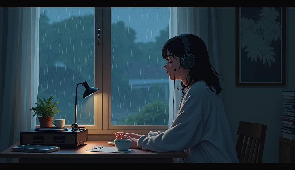 night、Listen to music in a cozy room, Use headphones, 2D anime style, lo-fi, hard disk, dark environment、aunt、that&#39;It&#39;s raining outside., Side view of a pretty woman sitting at a desk,
