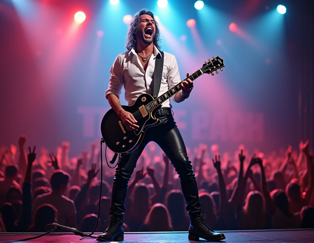 Ultra realistic photo of rock musician on stage, with guitar and singing, with white shirt and leather pants and boots