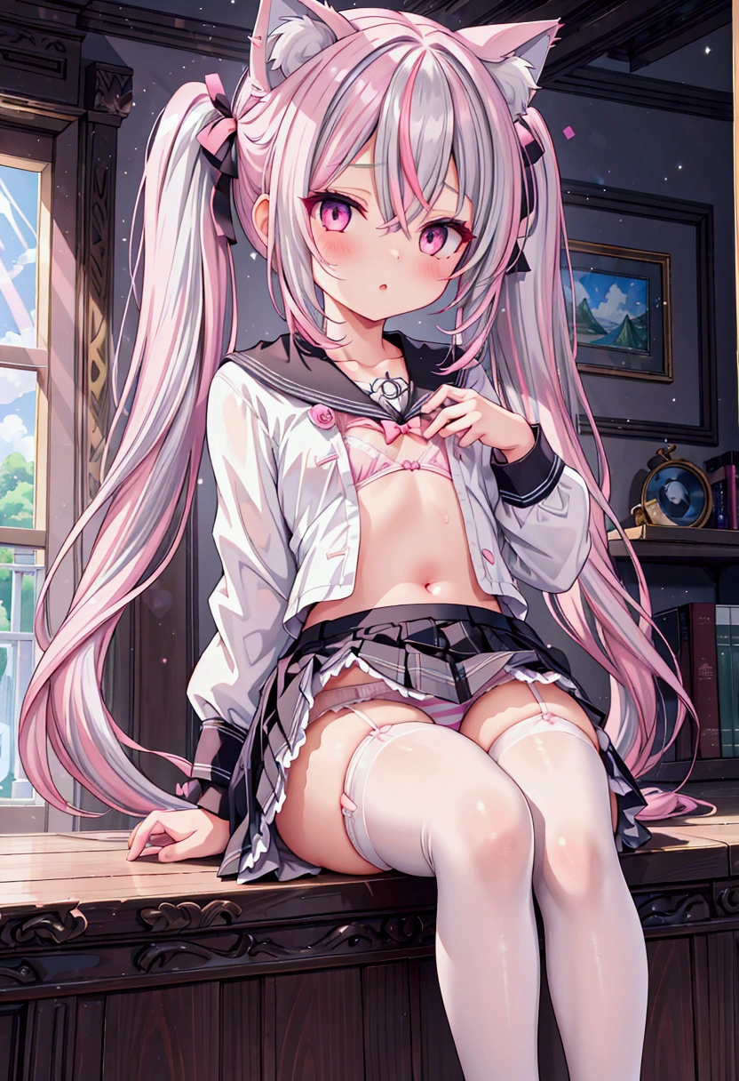 1girl, Cat ears, grey hair, streaked hair, pink hair, long hair, hair between eyes, twintails, 
highly detailed, Beautiful eyes, 8k, highres, absurdres, beautiful eyes, colorful, light rays, caustics, aistics, lens flare, bokeh, A small chest, pink eyes, White silk stockings, blush, anime, masterpiece, beautiful scenery, illustration, Pink underwear, white striped underwear, Wear underwear only, No coat, no skirt
