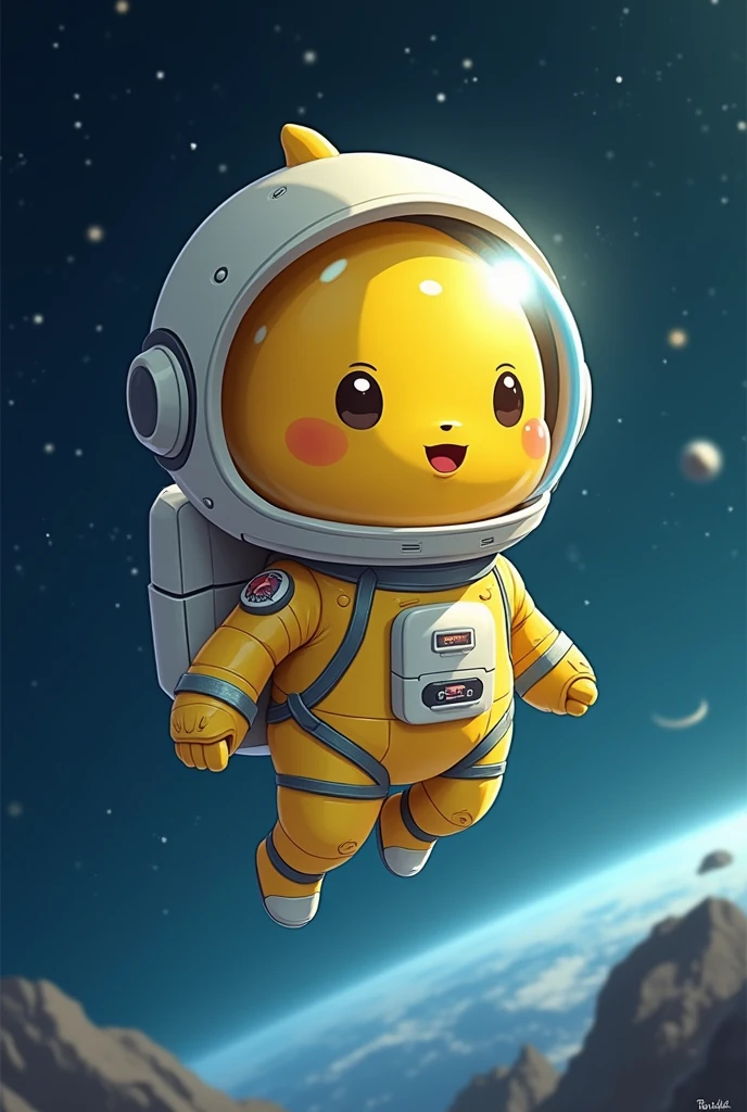 draw a lemon stylizedly, cutest and unique, a lemon is flying in space with spacesuit