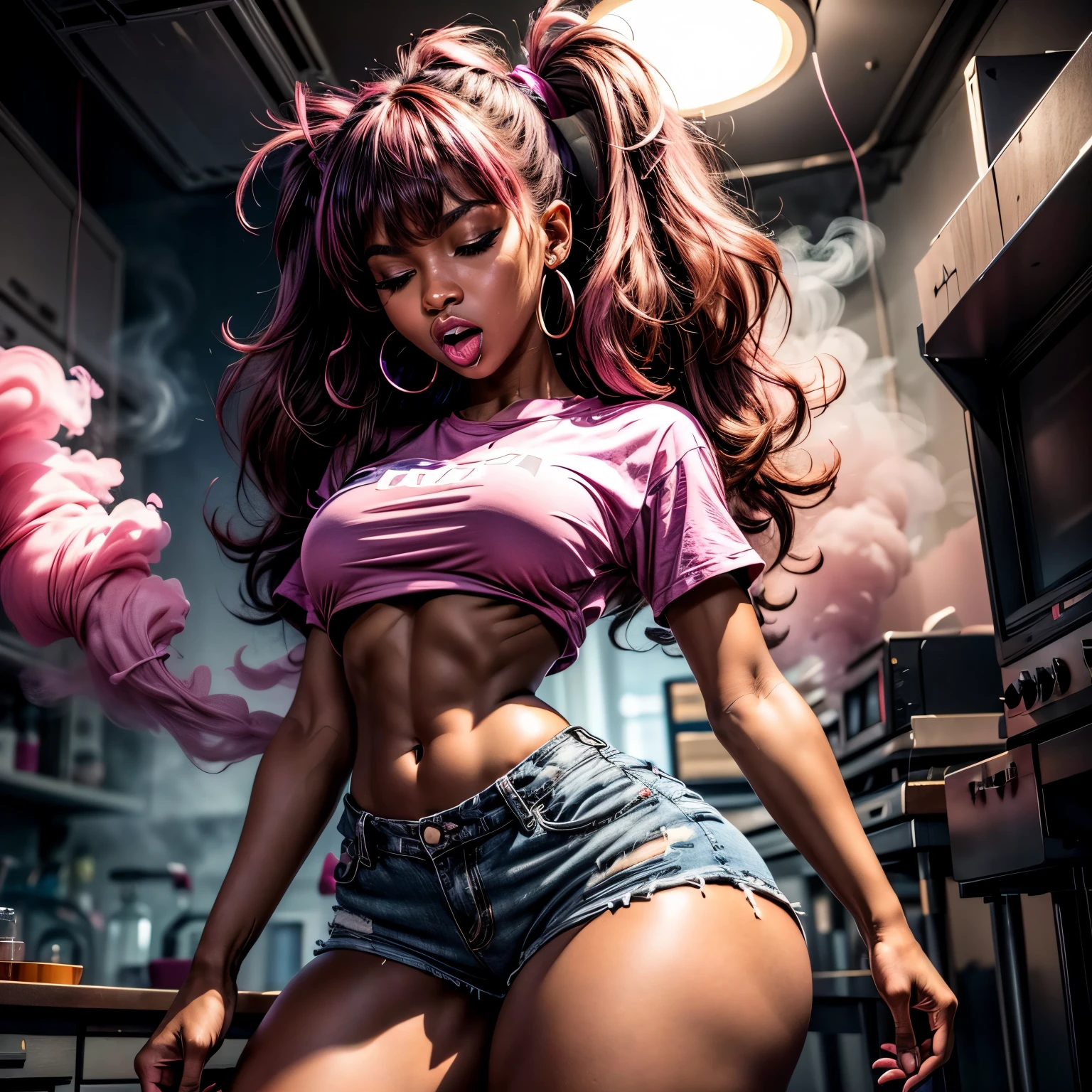 in laboratory, 1, high quality, ebony girl, high resolution, volumetric lighting, 8k, beautiful woman, (dark skin), college student, 's uniform, (big-ass), breasts big, (pink tub top shirt), (cotton shorts:1.2), Wavy hair, pony tail, bangs, headband, hoop earnings, pose sexy, seductively pose, ((slim thick body:1.1), open mouth, big lips, screaming, night time, eyes closed, pink smoke