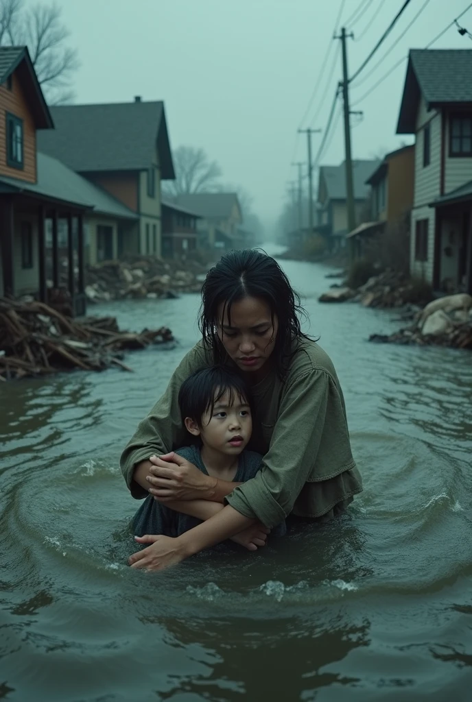 Mother son due to flood Becoming helpless in the water Many houses are sinking Make some such pictures with AI