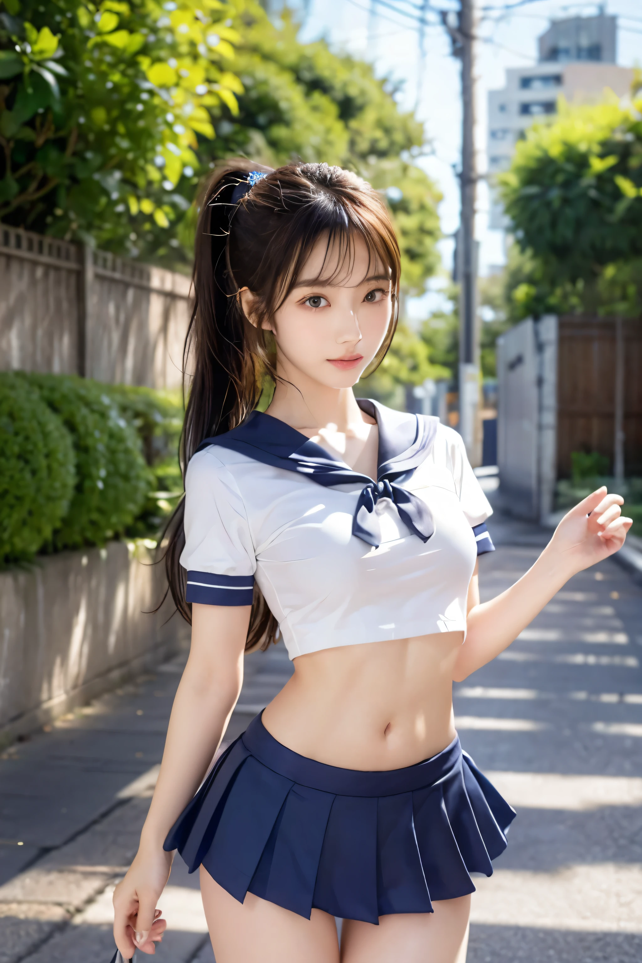 (Ultra HD), (Looking at me), (The whole body is shown), (Short-sleeved sailor uniform, Navy blue low-rise mini skirt), Big Breasts, Super beautiful breasts, slender, Narrow waist, (I can see my belly button:0.6), (Thin legs:1.2), (Thin thighs:1.2), (Thin Hips:1.4), (Beautiful Skin, Shiny skin, White skin), (Super slim face, Super beautiful face, No makeup, Smile:0.6), (ponytail, Layered Cut, Fluffy hair), (double eyelid, Slanted Eyes), (Small Nose), (Thin lips), Are standing, In front of the school gate