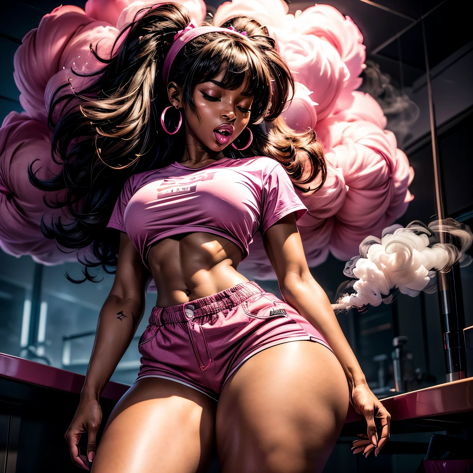 in laboratory, 1, high quality, ebony girl, high resolution, volumetric lighting, 8k, beautiful woman, (dark skin), college student, 's uniform, (big-ass), breasts big, (pink tub top shirt), (cotton shorts:1.2), Wavy hair, pony tail, bangs, headband, hoop earnings, pose sexy, seductively pose, ((slim thick body:1.1), open mouth, big lips, screaming, night time, eyes closed, pink smoke