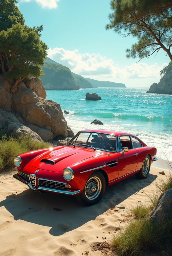 Lancia Thema 8.32 in red riding seaside
