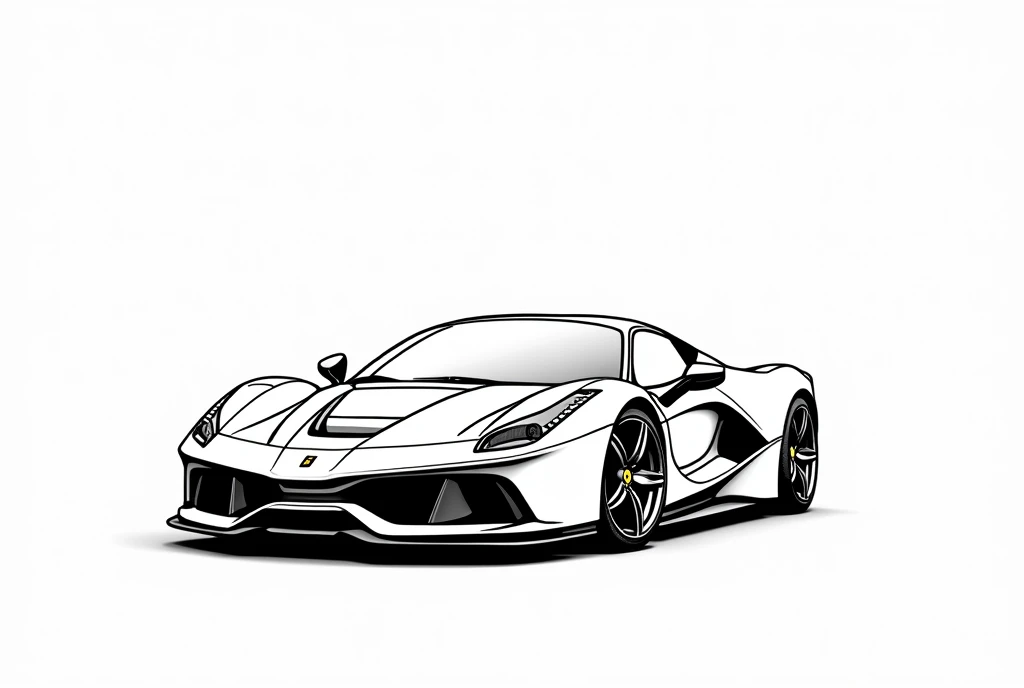 Give me a vector art coloring book photo of a Ferrari car no grayscale no color full details but the design is simple no darkened areas. Black and White.