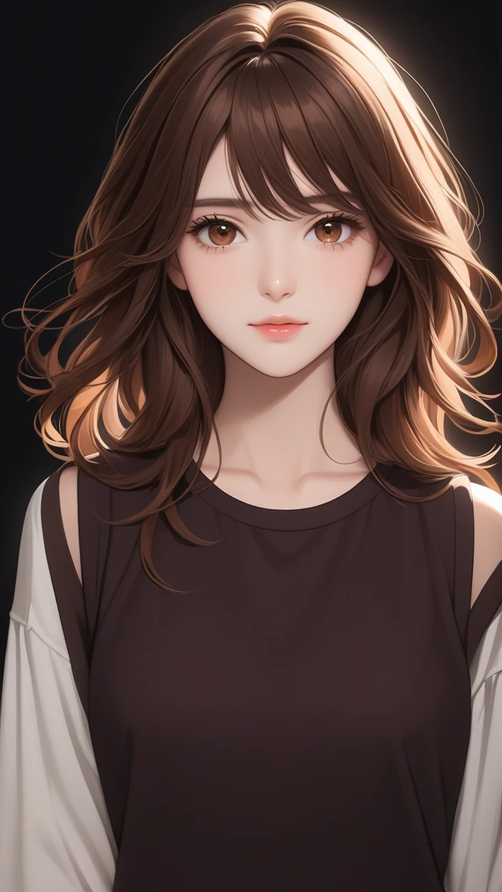 High quality image; black background; portrait; woman with medium brown hair on her shoulders, brown eyes; western face; age: 20 years old;