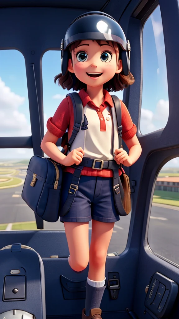Solo, 1 child, girl, , free fall, aeroplane, wearing helmet, google, parachute bag, Happy, laughing,