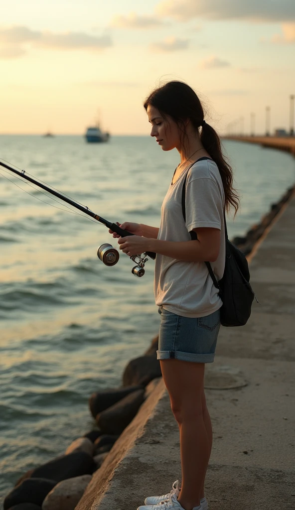 Woman fishing in the sea,On the breakwater, close-up