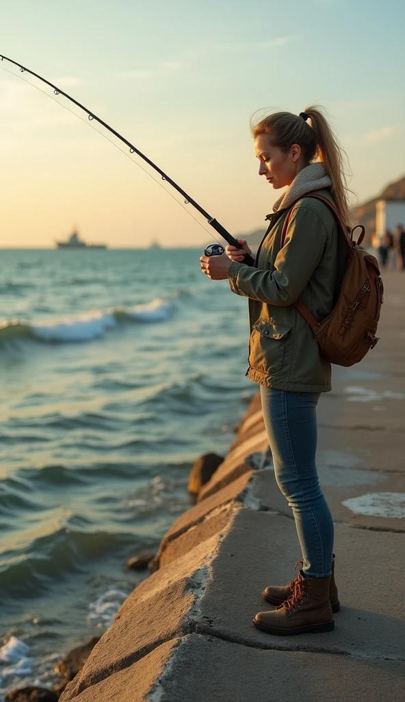 Woman fishing in the sea,On the breakwater, close-up