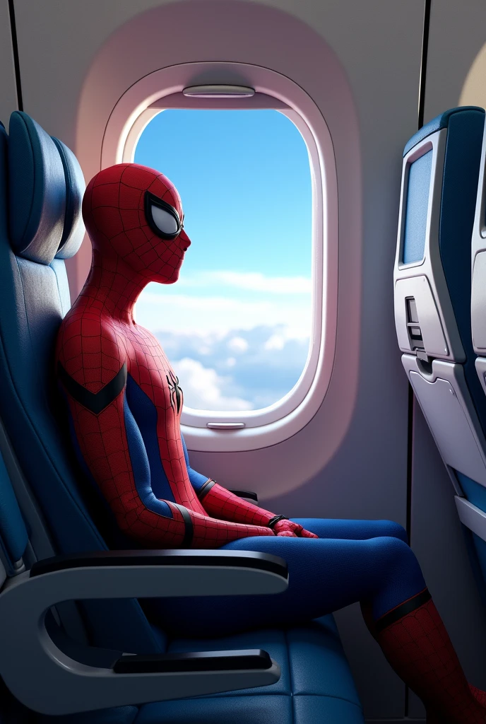 Create Spider-Man sitting in an airplane chair looking out the window