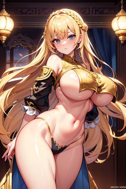 standing alone, 1 girl, golden hair, dearness, lustrous, big boobies, shiny fabric, jewel encrusted, visible belly , posing inside a castle with oriental architecture, Golden Embroidery, blush, looking ahead at viewer