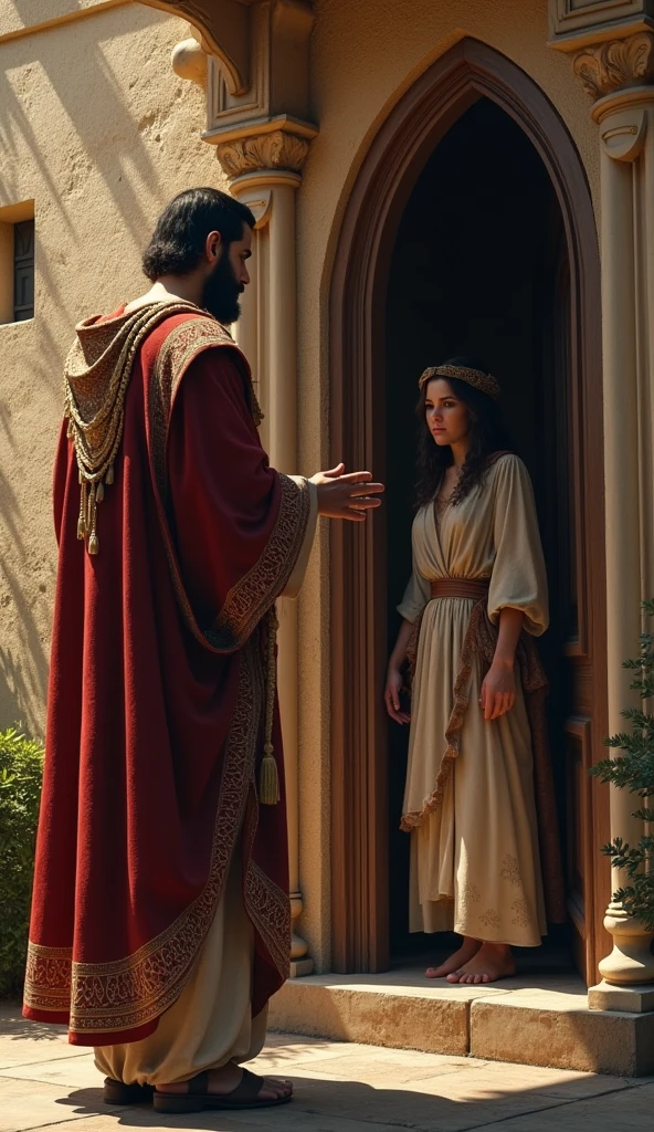 Ultra-realistic 8k Image, An image of a messenger knocking on the door of Bathsheba's house, reinforcing David's power as king and Bathsheba's submissive status.