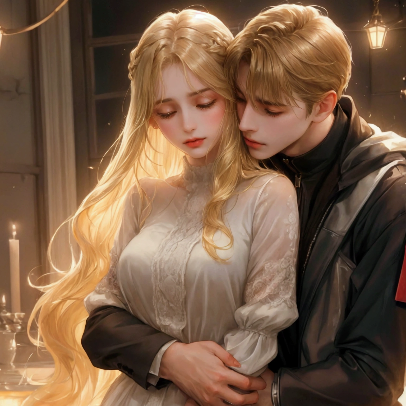 Pretty blonde girl hugging a tall brown-haired boy around the torso, She hides her head in his chest while he comforts her by hugging her. Melancholic aura, 4k.
