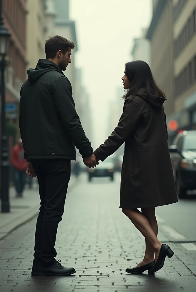 a man and a woman walking in opposite directions touch each other's hands