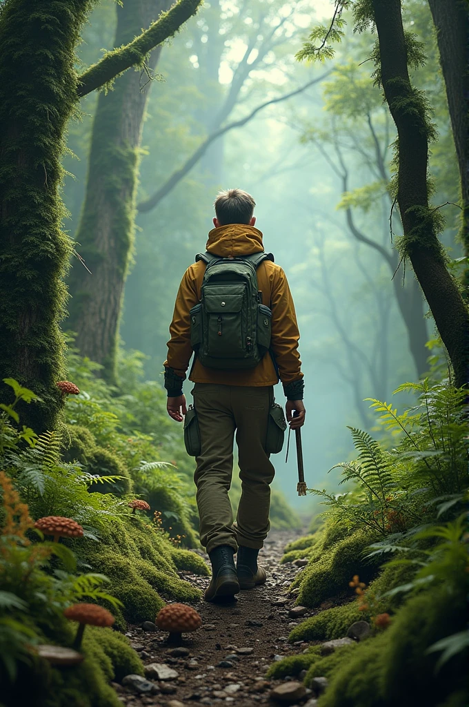 An explorer takes scientific samples in the forest