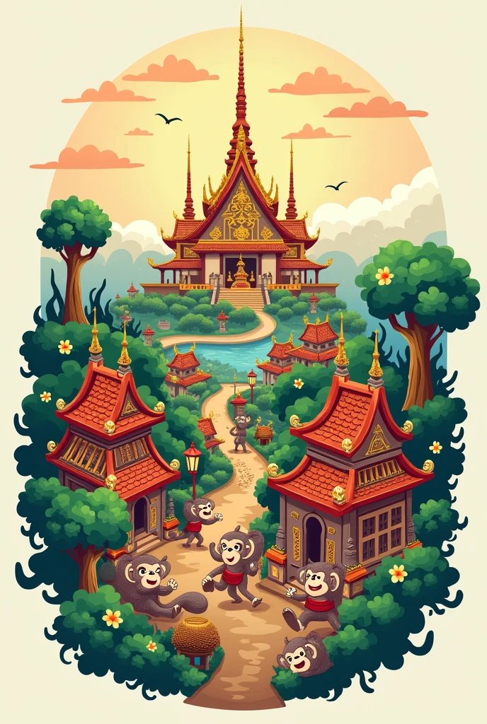 The logo of the coconut broom of the Thai community is a local style with a unique identity. It is a monkey city with a temple in the background.