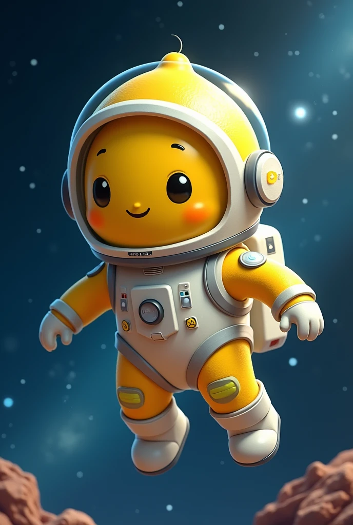 draw a lemon stylizedly, cutest and unique, a lemon is flying in space with spacesuit 