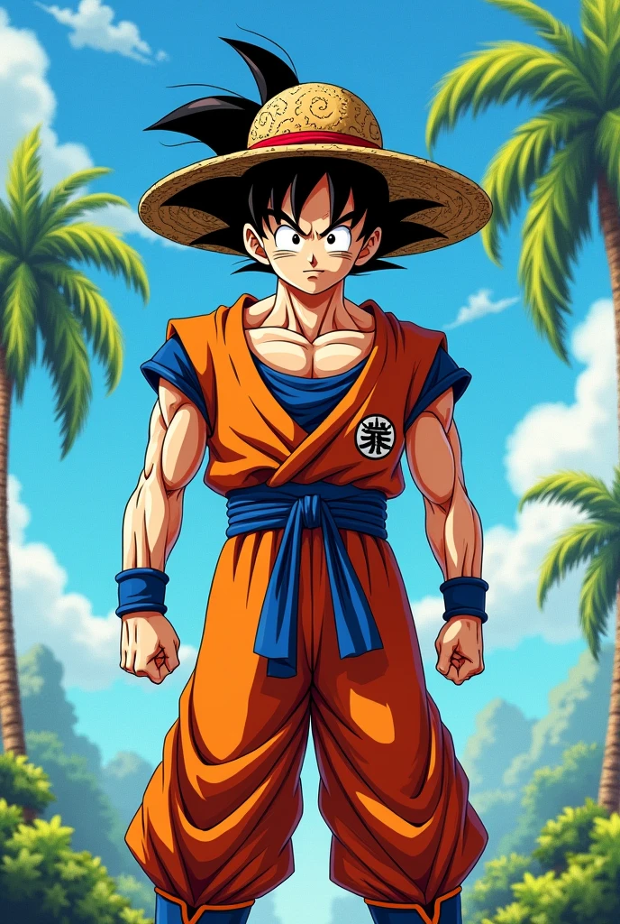 Generate me a picture of Son Goku wearing a Luffy hat - Generate a picture of Son Goku with a Luffy hat, realistic and detailed, digitally painted in manga style by Akira Toriyama.